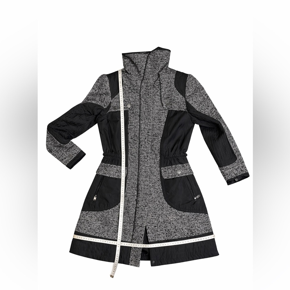 Heine Black & White Tweed Utility Coat | Drawstring Waist Long Jacket Size 8